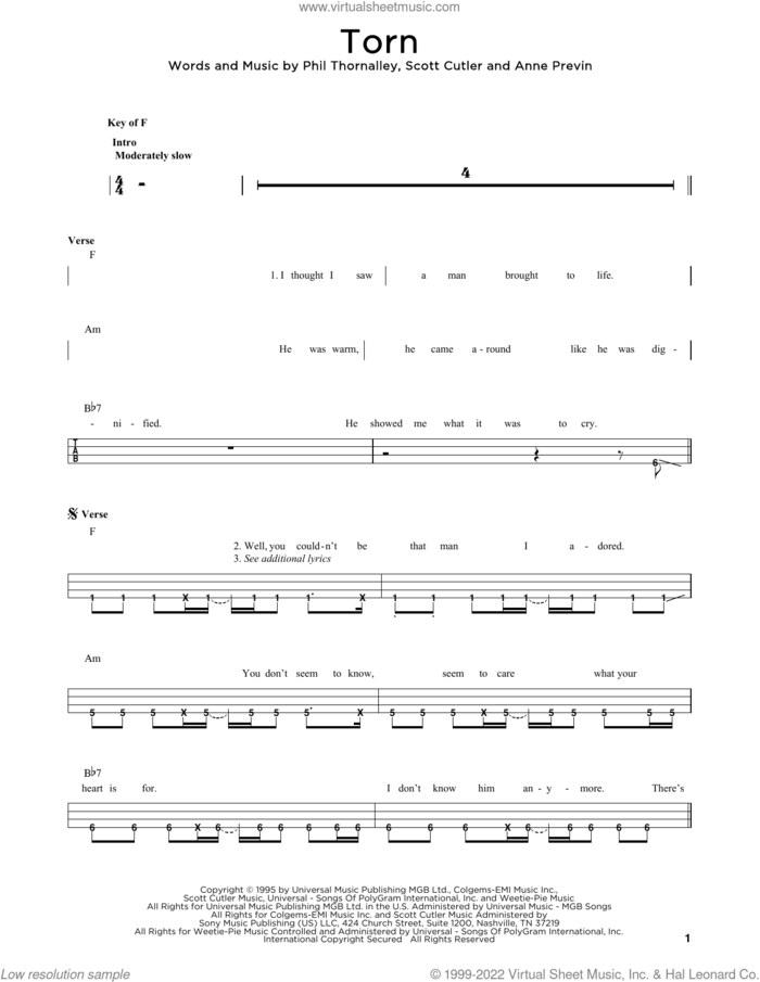 Torn sheet music for bass solo by Natalie Imbruglia, Anne Previn, Phil Thornalley and Scott Cutler, intermediate skill level