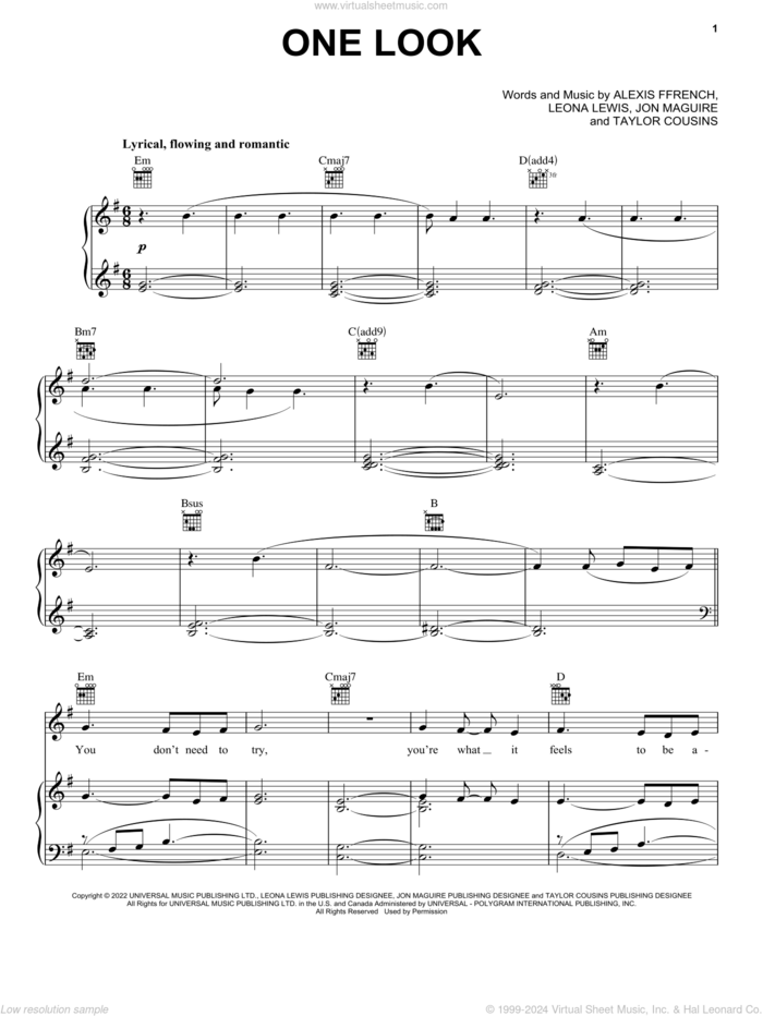 One Look (feat. Leona Lewis) sheet music for voice, piano or guitar by Alexis Ffrench, Jon Maguire, Leona Lewis and Taylor Cousins, classical score, intermediate skill level