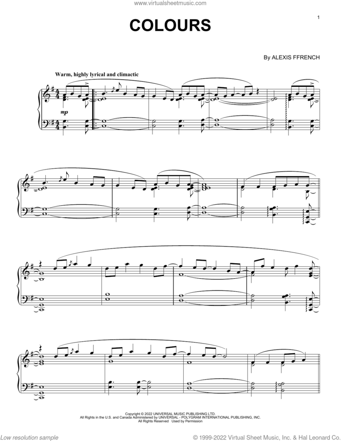 Colours sheet music for piano solo by Alexis Ffrench, classical score, intermediate skill level