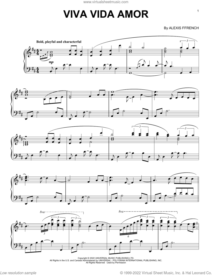 Viva Vida Amor (feat. Jin Oki) sheet music for piano solo by Alexis Ffrench, classical score, intermediate skill level