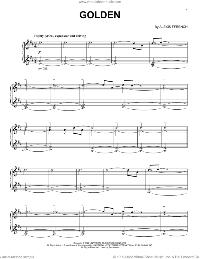 Golden sheet music for piano solo by Alexis Ffrench, classical score, intermediate skill level