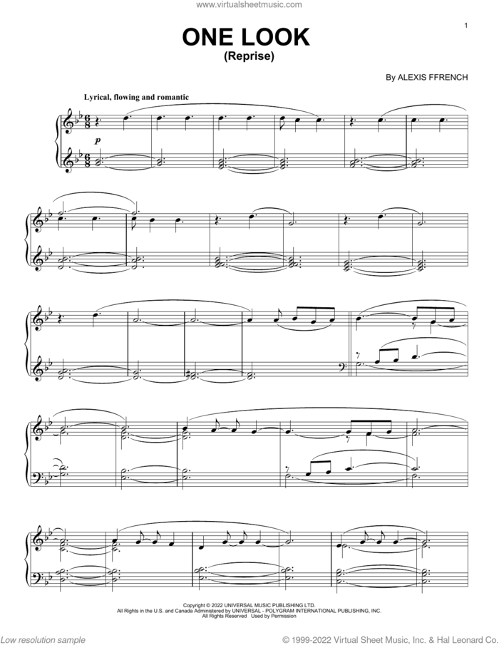 One Look (Reprise) sheet music for piano solo by Alexis Ffrench, classical score, intermediate skill level