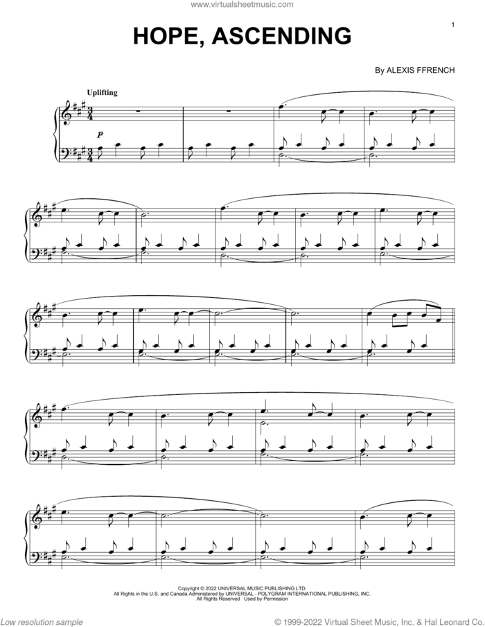 Hope, Ascending sheet music for piano solo by Alexis Ffrench, classical score, intermediate skill level