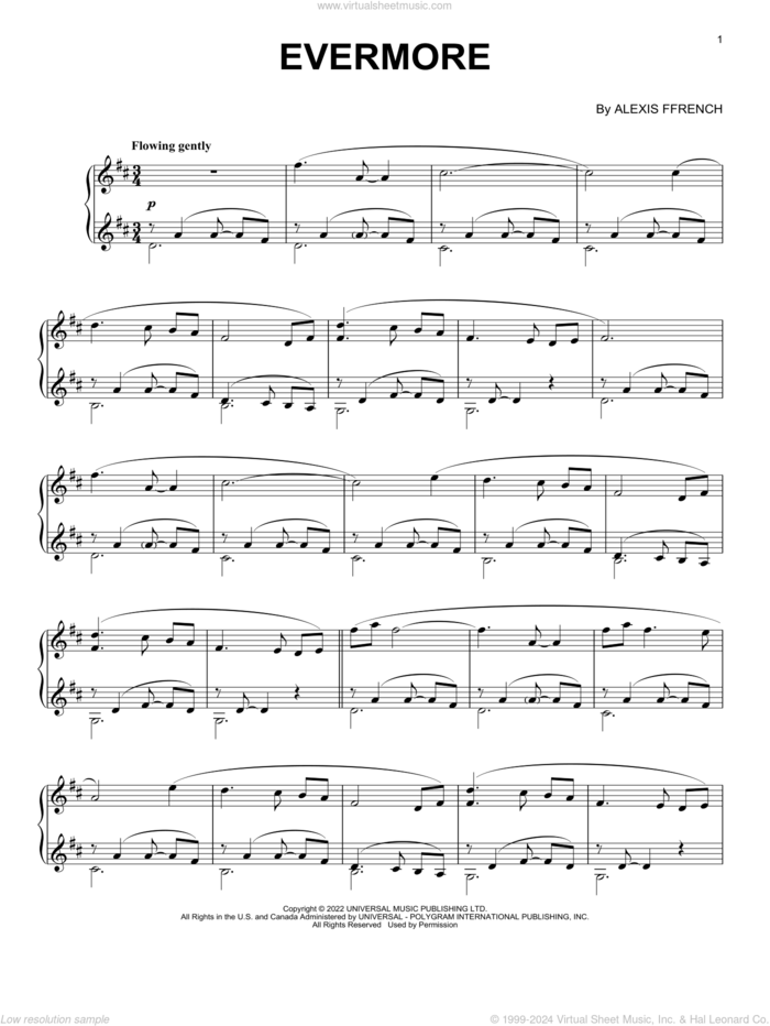 Evermore sheet music for piano solo by Alexis Ffrench, classical score, intermediate skill level