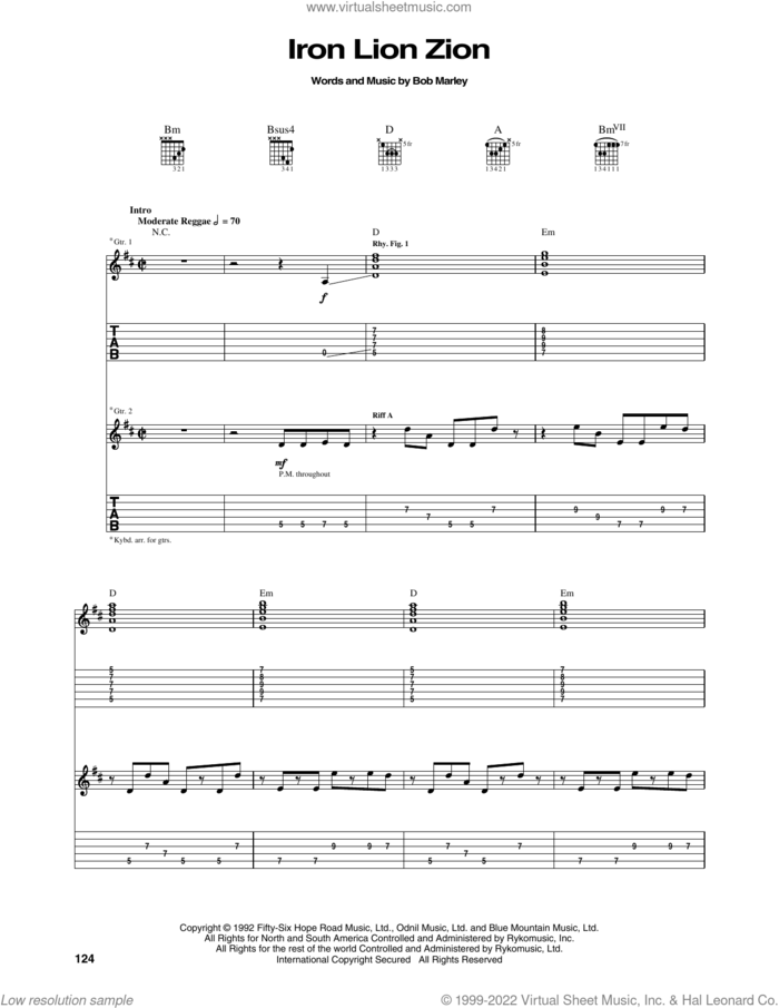 Iron Lion Zion sheet music for guitar (tablature) by Bob Marley and The Wailers, intermediate skill level