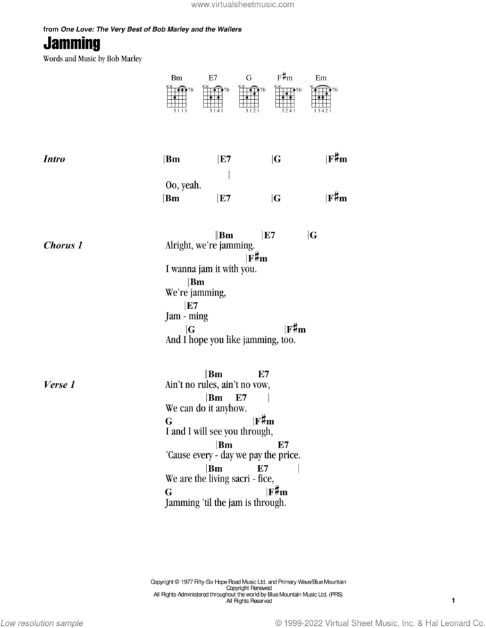 Jamming sheet music for guitar (chords) by Bob Marley, intermediate skill level