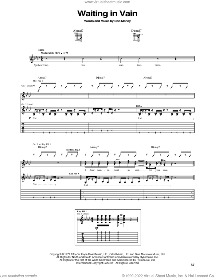 Waiting In Vain sheet music for guitar (tablature) by Bob Marley and The Wailers, intermediate skill level