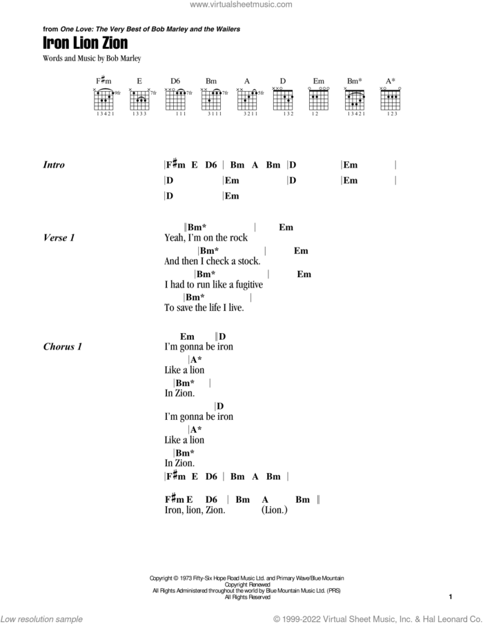 Iron Lion Zion sheet music for guitar (chords) by Bob Marley, intermediate skill level