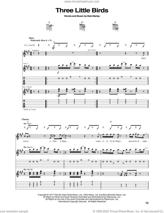 Three Little Birds sheet music for guitar (tablature) by Bob Marley and The Wailers, intermediate skill level