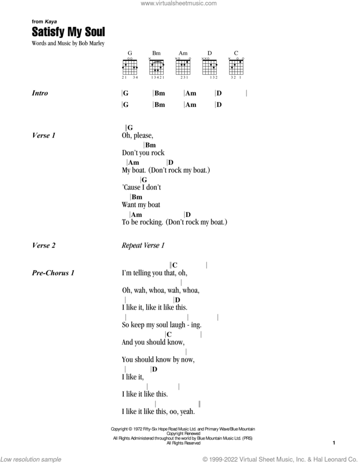 Satisfy My Soul sheet music for guitar (chords) by Bob Marley, intermediate skill level