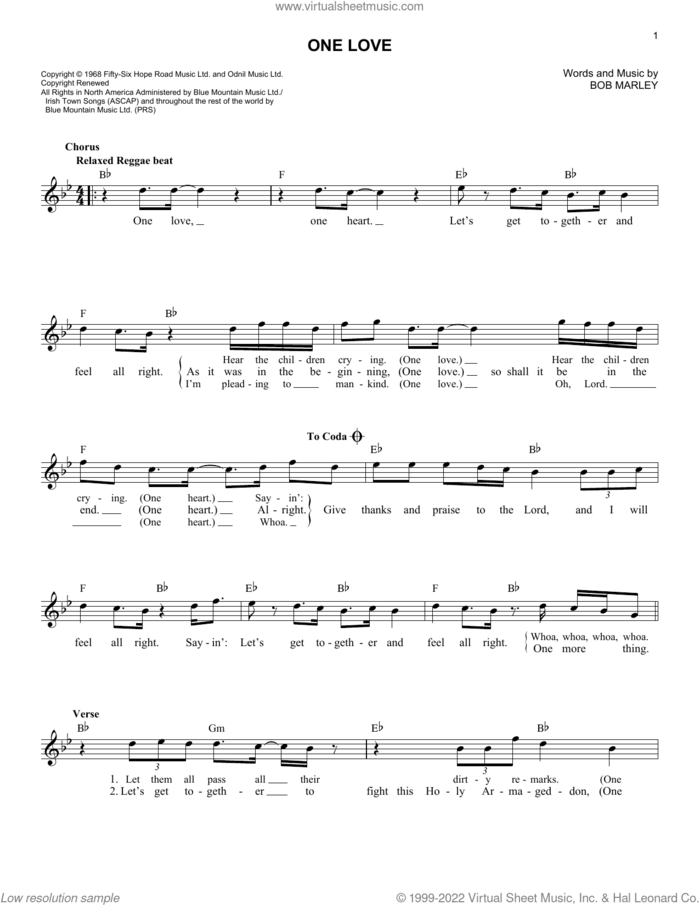 One Love sheet music for voice and other instruments (fake book) by Bob Marley, intermediate skill level