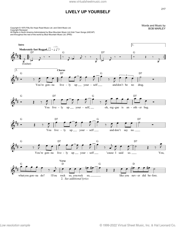Lively Up Yourself sheet music for voice and other instruments (fake book) by Bob Marley, intermediate skill level
