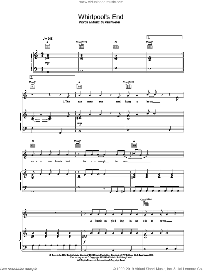 Whirlpool's End sheet music for voice, piano or guitar by Paul Weller, intermediate skill level