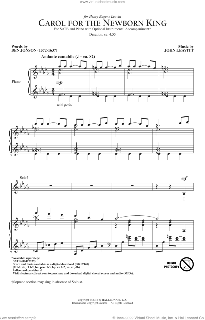 Carol For The Newborn King sheet music for choir (SATB: soprano, alto, tenor, bass) by John Leavitt and Ben Jonson and John Leavitt and Ben Jonson, intermediate skill level