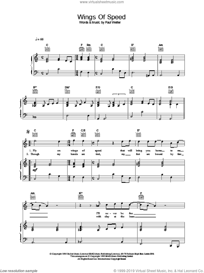 Wings Of Speed sheet music for voice, piano or guitar by Paul Weller, intermediate skill level