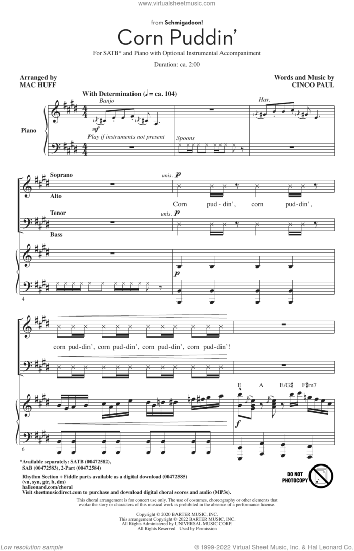 Corn Puddin' (from Schmigadoon!) (arr. Mac Huff) sheet music for choir (SATB: soprano, alto, tenor, bass) by Cinco Paul and Mac Huff, intermediate skill level