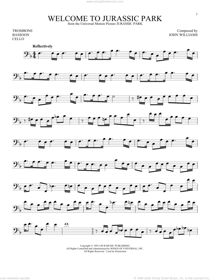 Welcome To Jurassic Park (from Jurassic Park) sheet music for Solo Instrument (bass clef) by John Williams, intermediate skill level