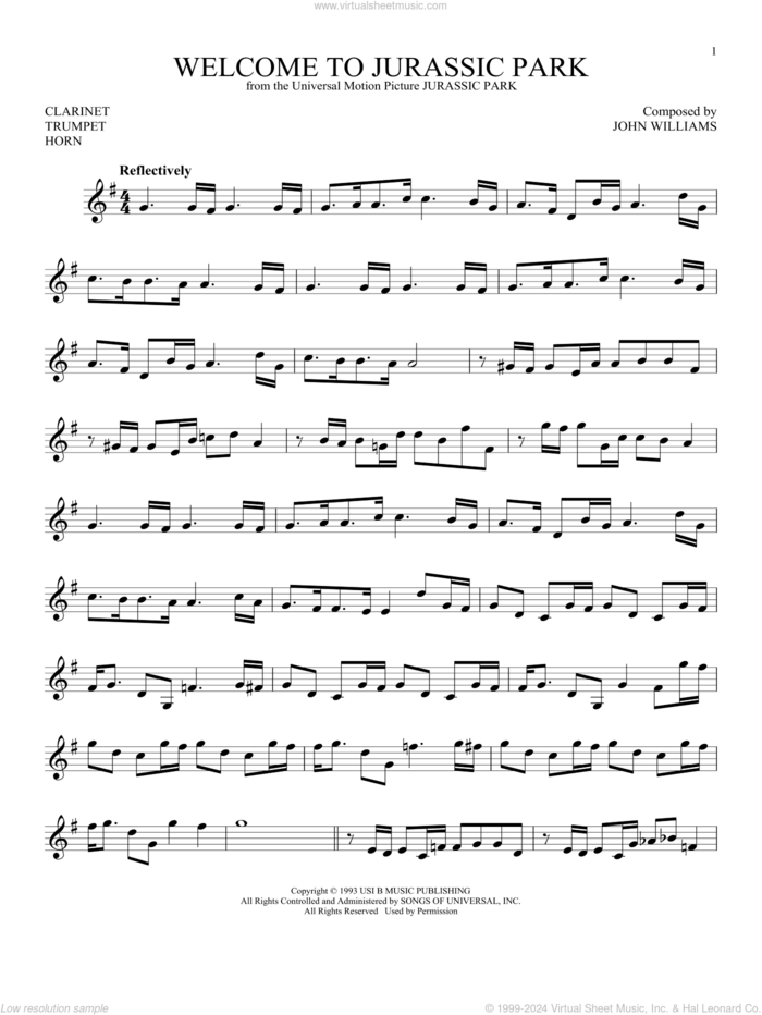 Welcome To Jurassic Park (from Jurassic Park) sheet music for Solo Instrument (treble clef low) by John Williams, intermediate skill level