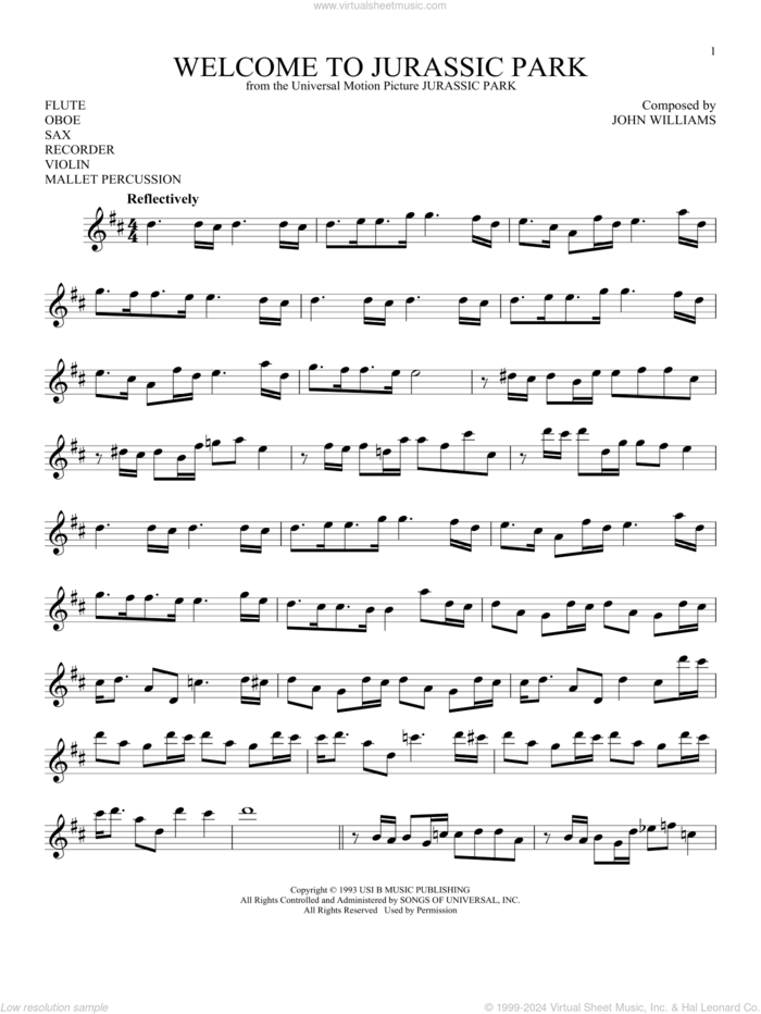 Welcome To Jurassic Park (from Jurassic Park) sheet music for Solo Instrument (treble clef high) by John Williams, intermediate skill level