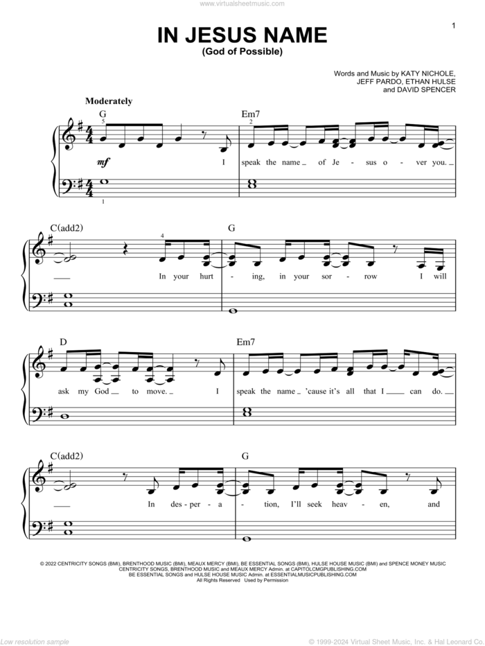In Jesus Name (God Of Possible) sheet music for piano solo by Katy Nichole, David Spencer, Ethan Hulse and Jeff Pardo, easy skill level