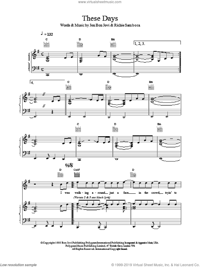 These Days sheet music for voice, piano or guitar by Bon Jovi, intermediate skill level
