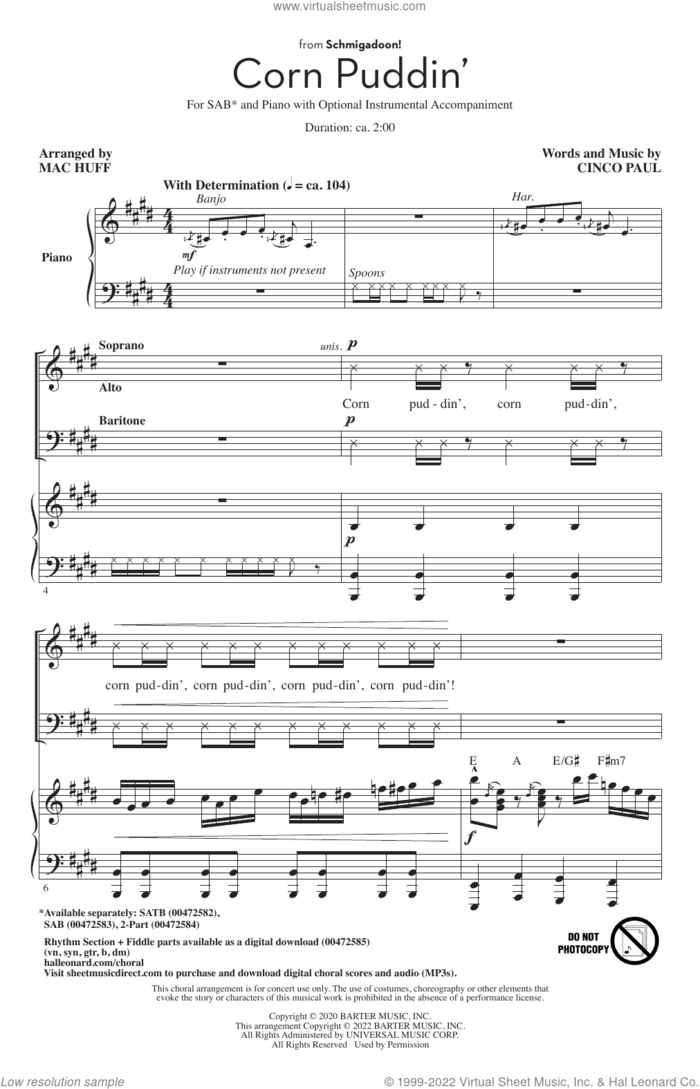 Corn Puddin' (from Schmigadoon!) (arr. Mac Huff) sheet music for choir (SAB: soprano, alto, bass) by Cinco Paul and Mac Huff, intermediate skill level