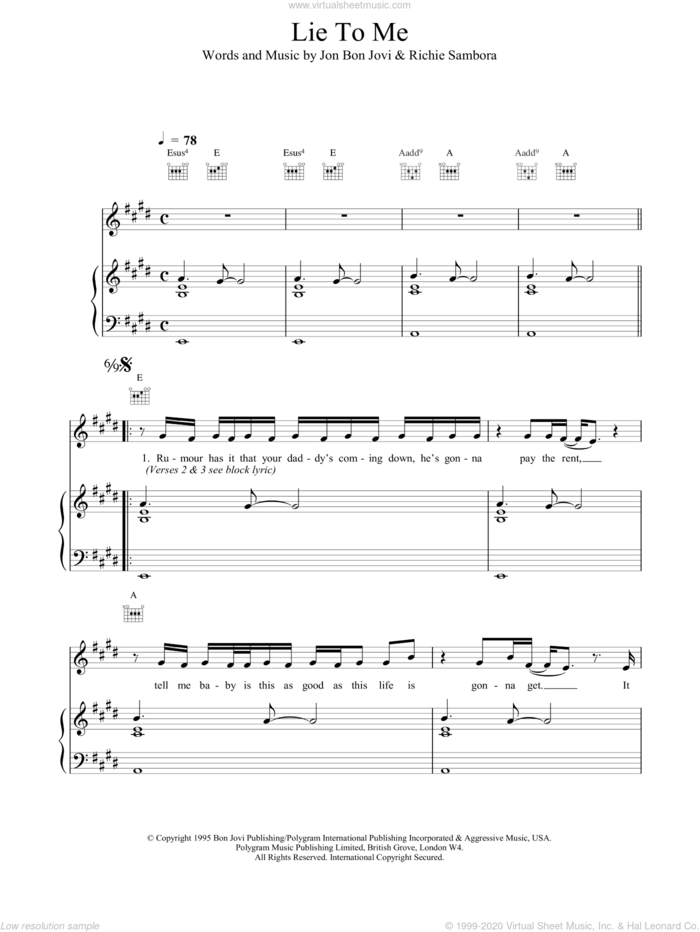 Lie To Me sheet music for voice, piano or guitar by Bon Jovi, intermediate skill level