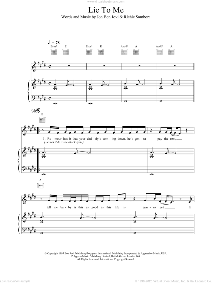 Lie To Me sheet music for voice, piano or guitar by Bon Jovi, intermediate skill level