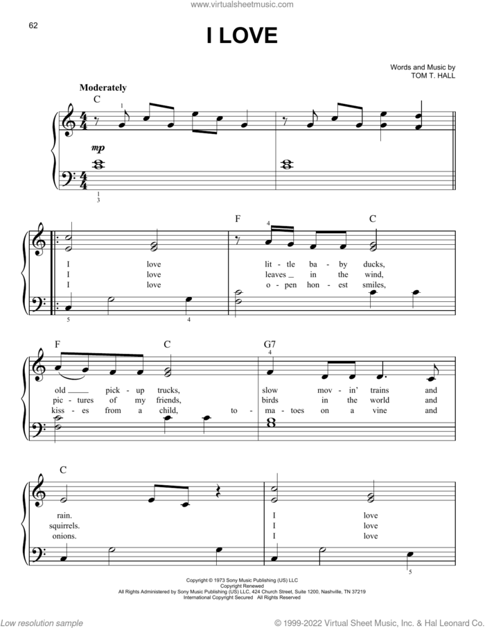 I Love sheet music for piano solo by Tom T. Hall, easy skill level