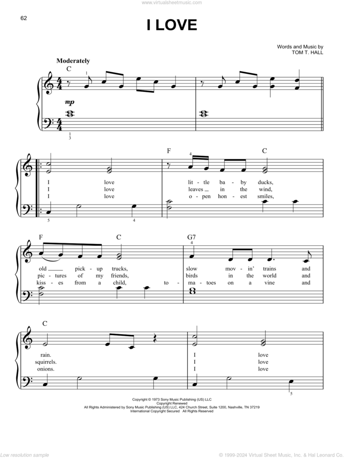 I Love sheet music for piano solo by Tom T. Hall, easy skill level