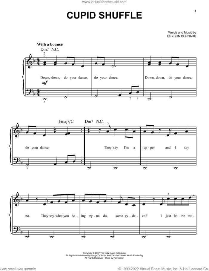Cupid Shuffle sheet music for piano solo by Cupid and Bryson Bernard, easy skill level