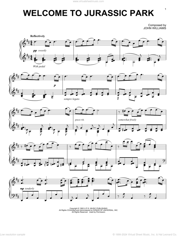 Welcome To Jurassic Park (from Jurassic Park) sheet music for piano solo by John Williams, intermediate skill level