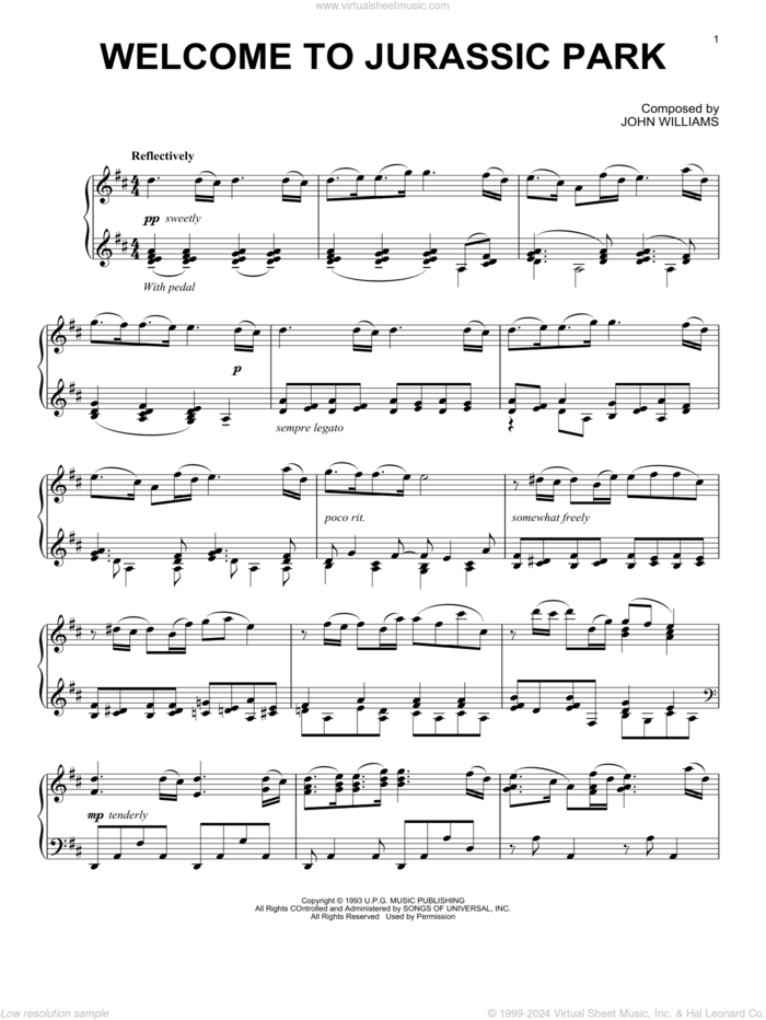 Welcome To Jurassic Park (from Jurassic Park) sheet music for piano solo by John Williams, intermediate skill level