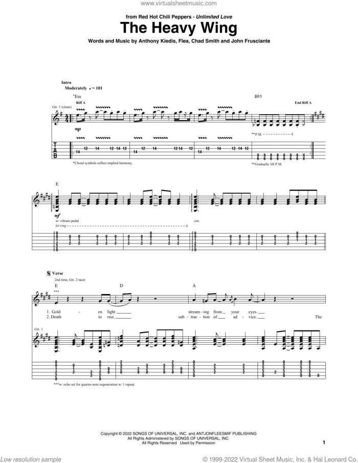 The Heavy Wing sheet music for guitar (tablature) by Red Hot Chili Peppers, Anthony Kiedis, Chad Smith, Flea and John Frusciante, intermediate skill level