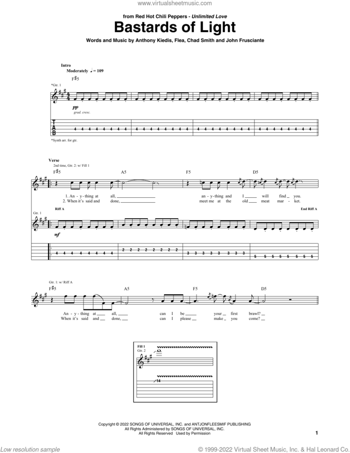 Bastards Of Light sheet music for guitar (tablature) by Red Hot Chili Peppers, Anthony Kiedis, Chad Smith, Flea and John Frusciante, intermediate skill level
