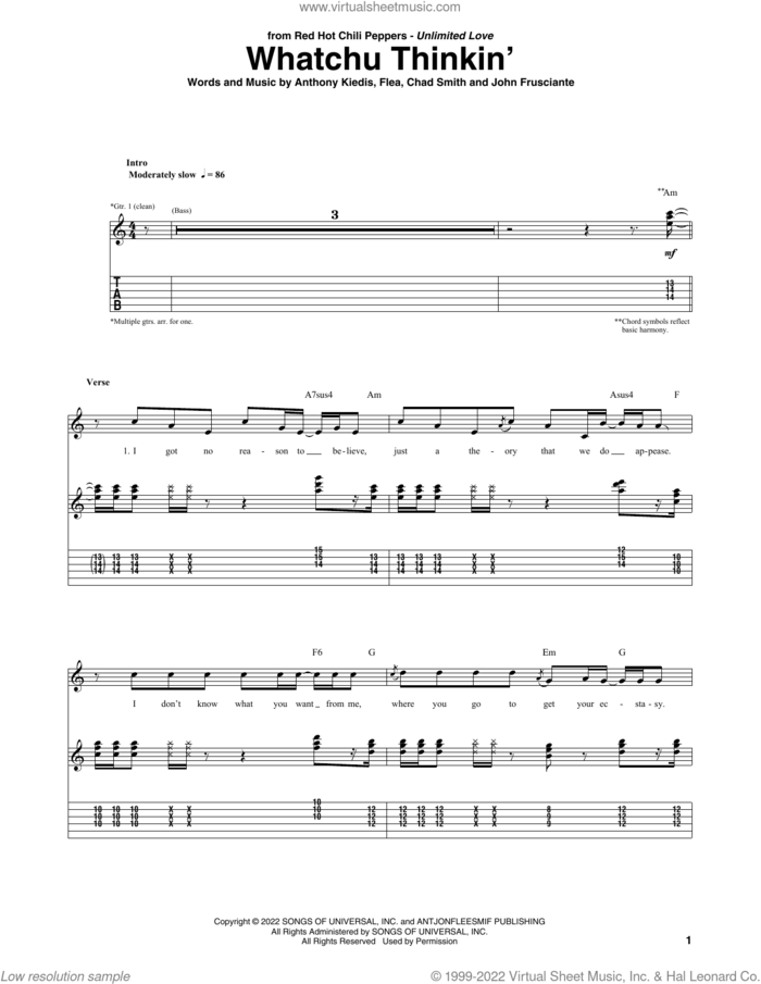 Whatchu Thinkin' sheet music for guitar (tablature) by Red Hot Chili Peppers, Anthony Kiedis, Chad Smith, Flea and John Frusciante, intermediate skill level
