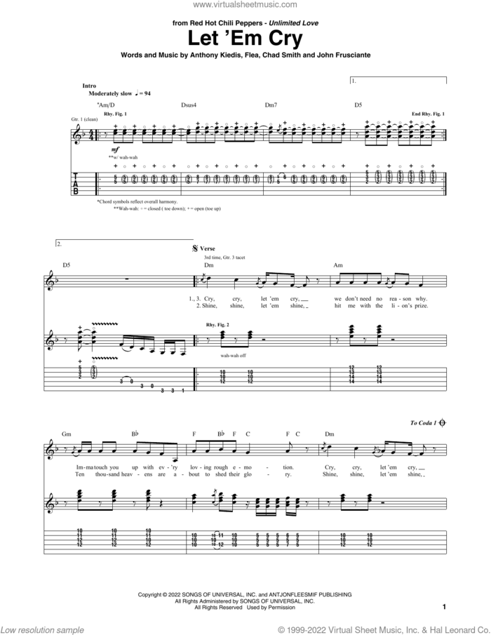 Let 'Em Cry sheet music for guitar (tablature) by Red Hot Chili Peppers, Anthony Kiedis, Chad Smith, Flea and John Frusciante, intermediate skill level