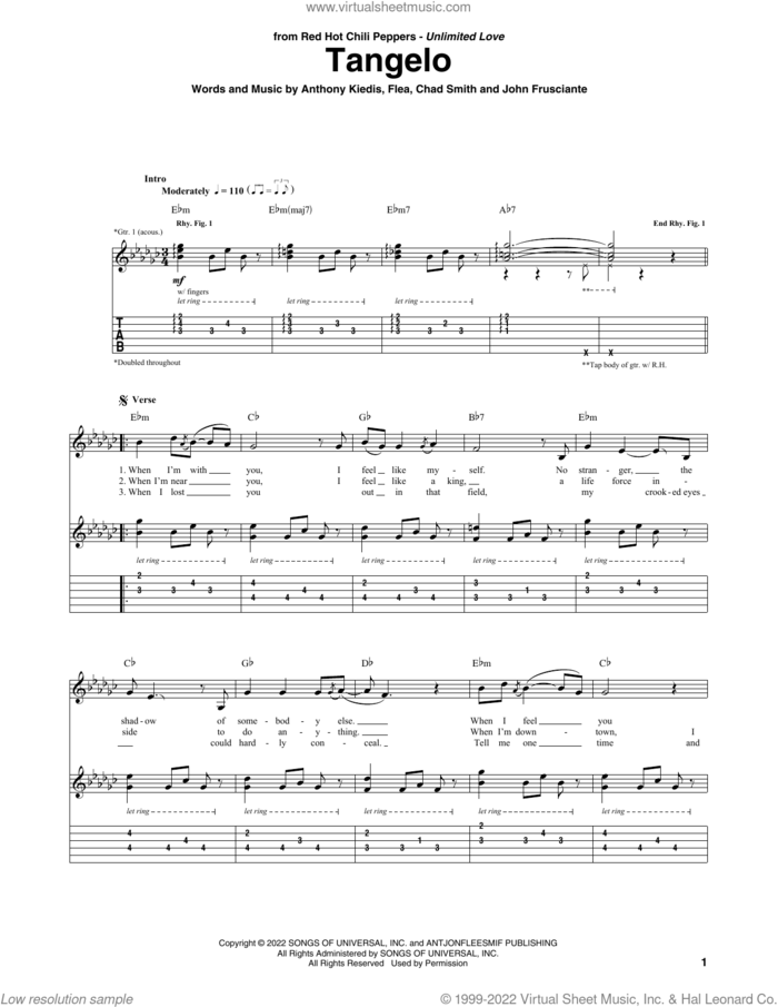 Tangelo sheet music for guitar (tablature) by Red Hot Chili Peppers, Anthony Kiedis, Chad Smith, Flea and John Frusciante, intermediate skill level