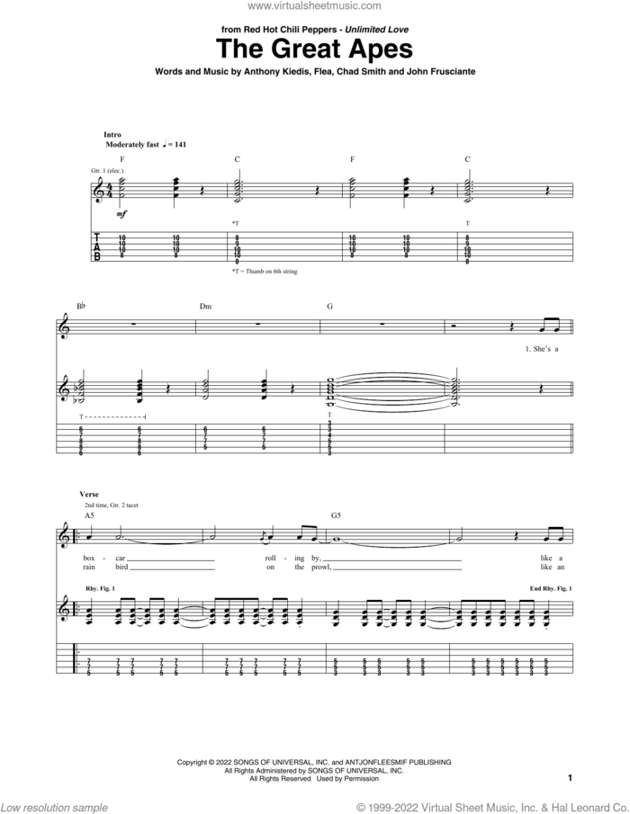 The Great Apes sheet music for guitar (tablature) by Red Hot Chili Peppers, Anthony Kiedis, Chad Smith, Flea and John Frusciante, intermediate skill level