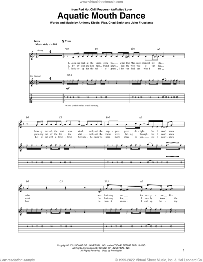 Aquatic Mouth Dance sheet music for guitar (tablature) by Red Hot Chili Peppers, Anthony Kiedis, Chad Smith, Flea and John Frusciante, intermediate skill level