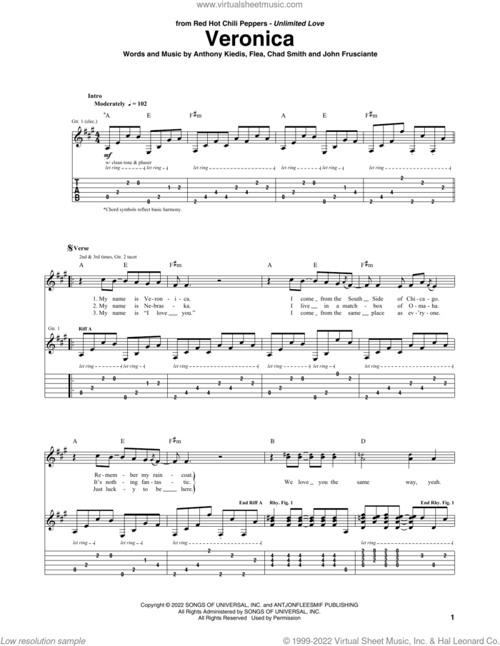 Veronica sheet music for guitar (tablature) by Red Hot Chili Peppers, Anthony Kiedis, Chad Smith, Flea and John Frusciante, intermediate skill level