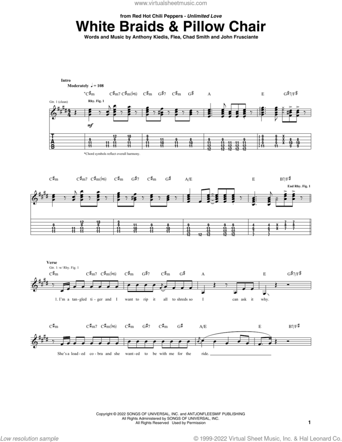White Braids and Pillow Chair sheet music for guitar (tablature) by Red Hot Chili Peppers, Anthony Kiedis, Chad Smith, Flea and John Frusciante, intermediate skill level