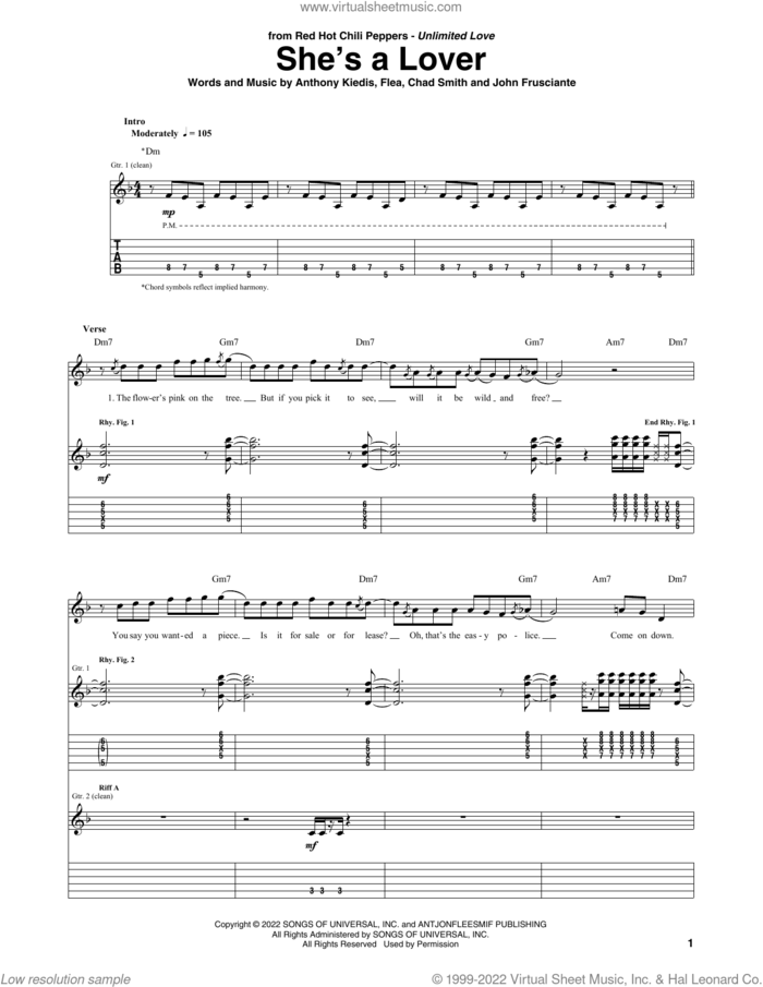 She's A Lover sheet music for guitar (tablature) by Red Hot Chili Peppers, Anthony Kiedis, Chad Smith, Flea and John Frusciante, intermediate skill level