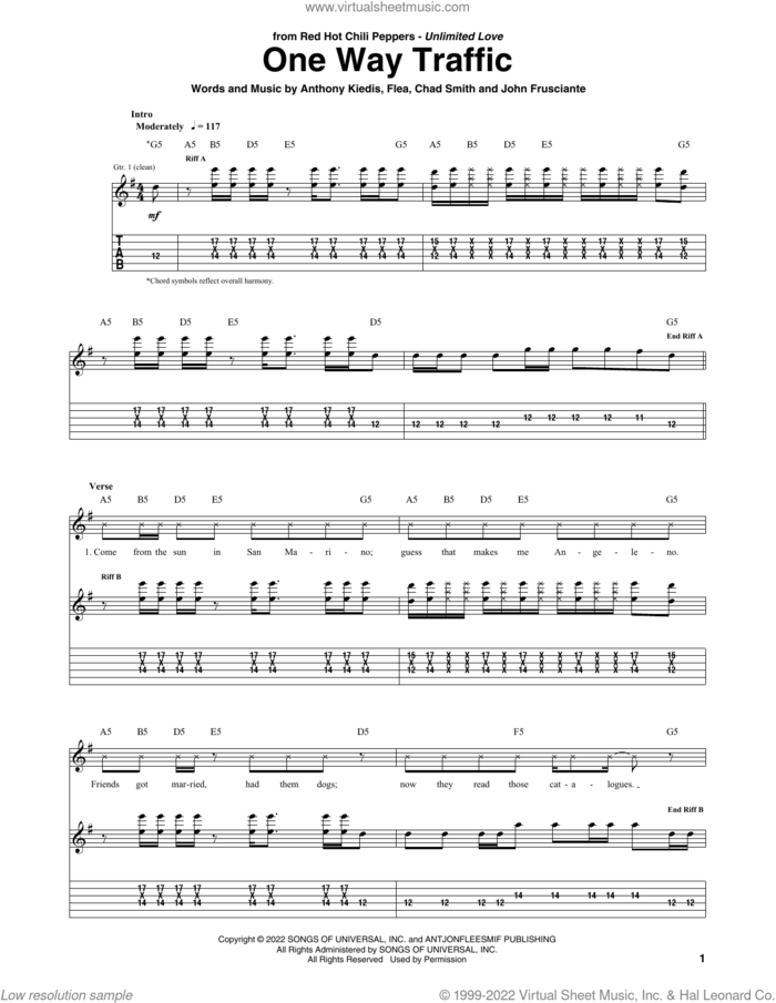 One Way Traffic sheet music for guitar (tablature) by Red Hot Chili Peppers, Anthony Kiedis, Chad Smith, Flea and John Frusciante, intermediate skill level