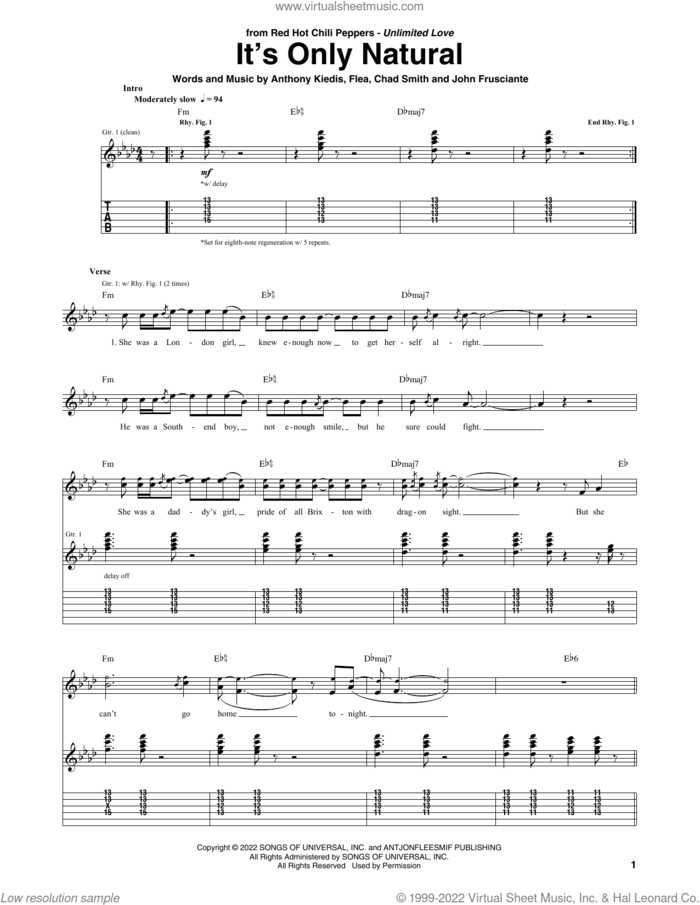It's Only Natural sheet music for guitar (tablature) by Red Hot Chili Peppers, Anthony Kiedis, Chad Smith, Flea and John Frusciante, intermediate skill level