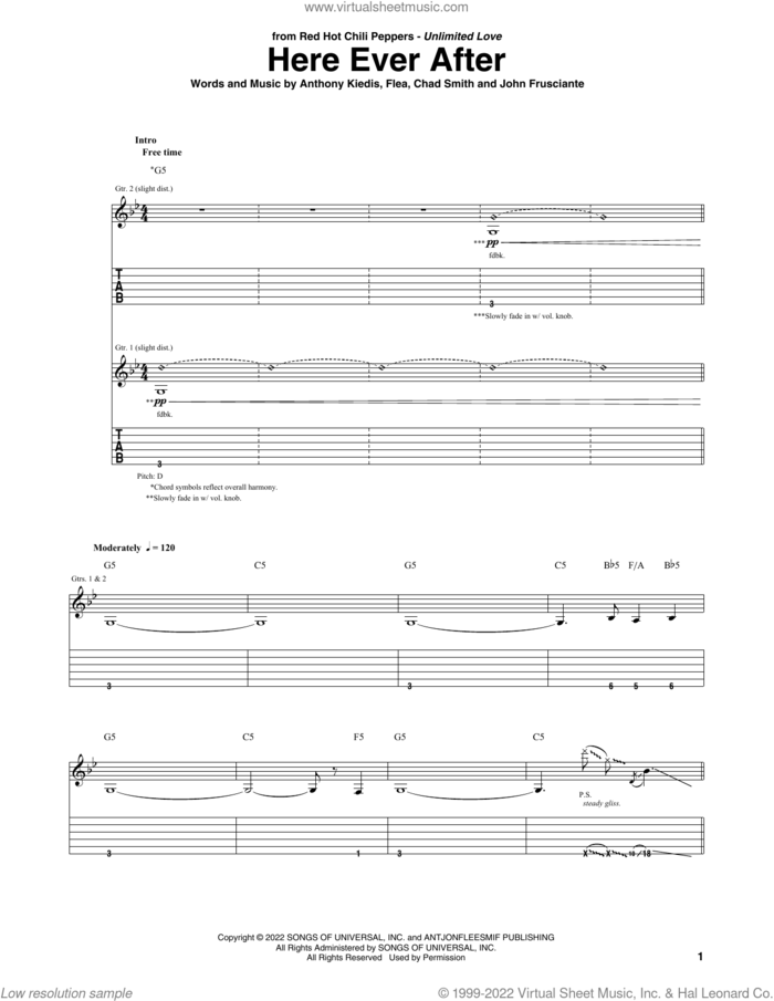 Here Ever After sheet music for guitar (tablature) by Red Hot Chili Peppers, Anthony Kiedis, Chad Smith, Flea and John Frusciante, intermediate skill level