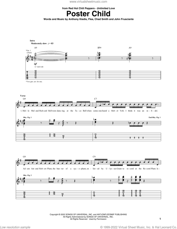 Poster Child sheet music for guitar (tablature) by Red Hot Chili Peppers, Anthony Kiedis, Chad Smith, Flea and John Frusciante, intermediate skill level
