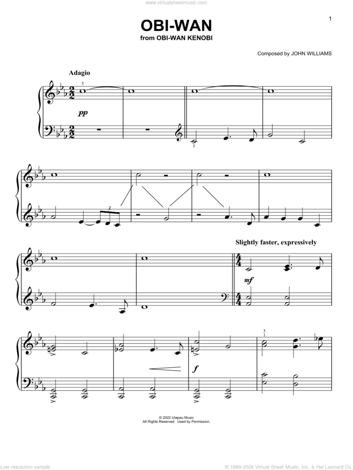Obi-Wan (from Obi-Wan Kenobi), (easy) sheet music for piano solo by John Williams, easy skill level