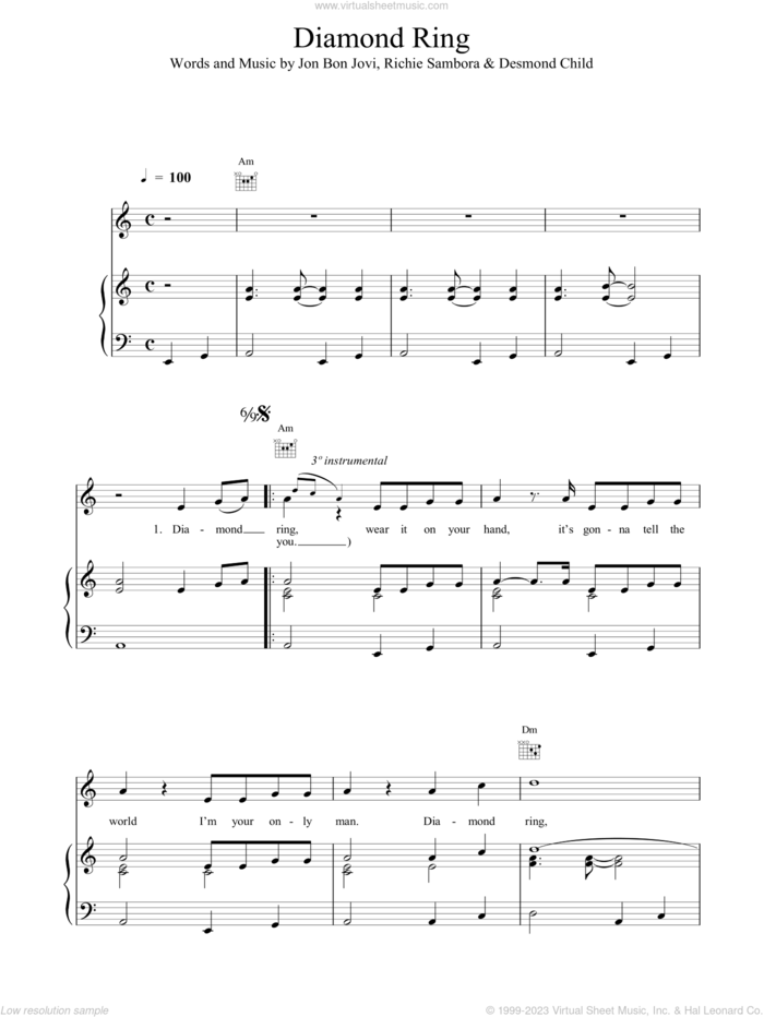 Diamond Ring sheet music for voice, piano or guitar by Bon Jovi, intermediate skill level