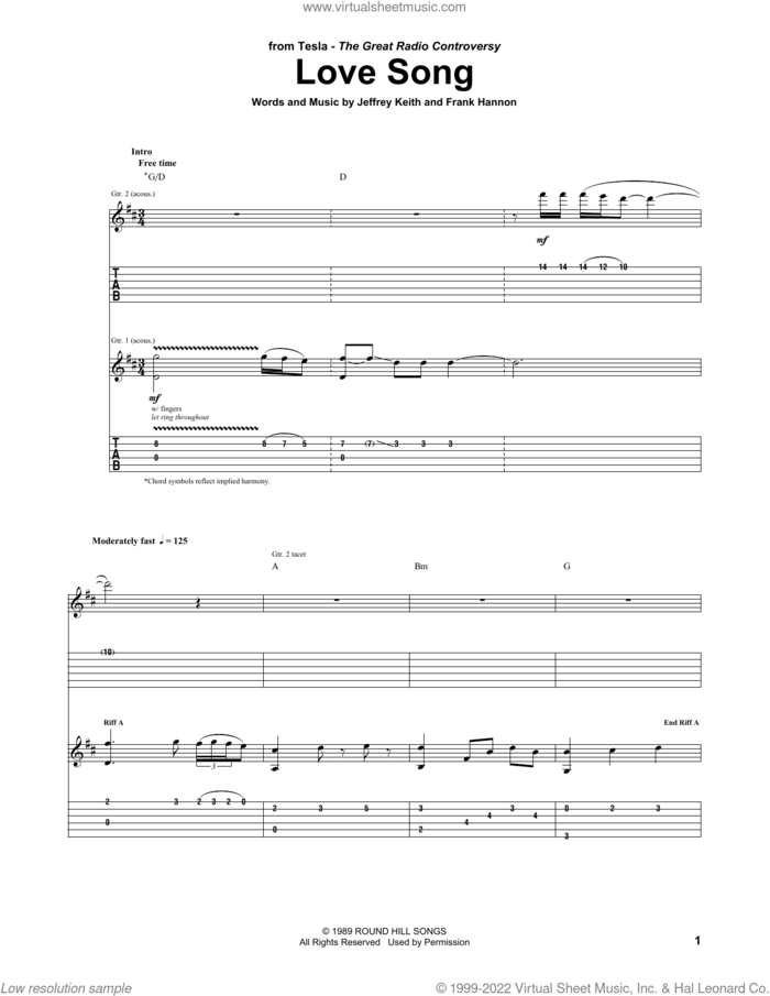 Love Song sheet music for guitar (tablature) by Tesla, Frank Hannon and Jeffrey Keith, intermediate skill level